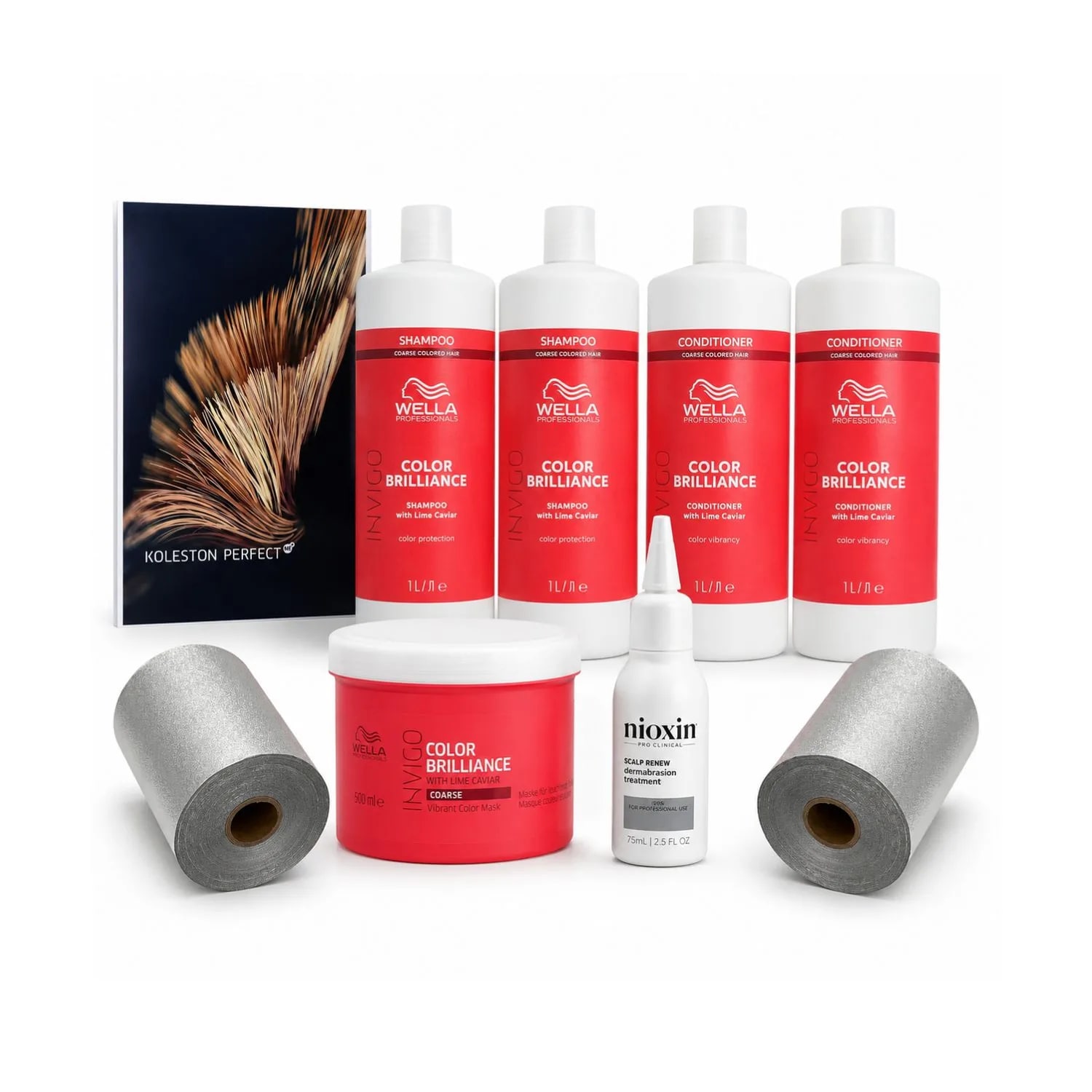 Set profesional Wella Professionals pentru păr vopsit cu fir gros, folie Embo, Nioxin Dermabrasion și catalog Koleston gratuit